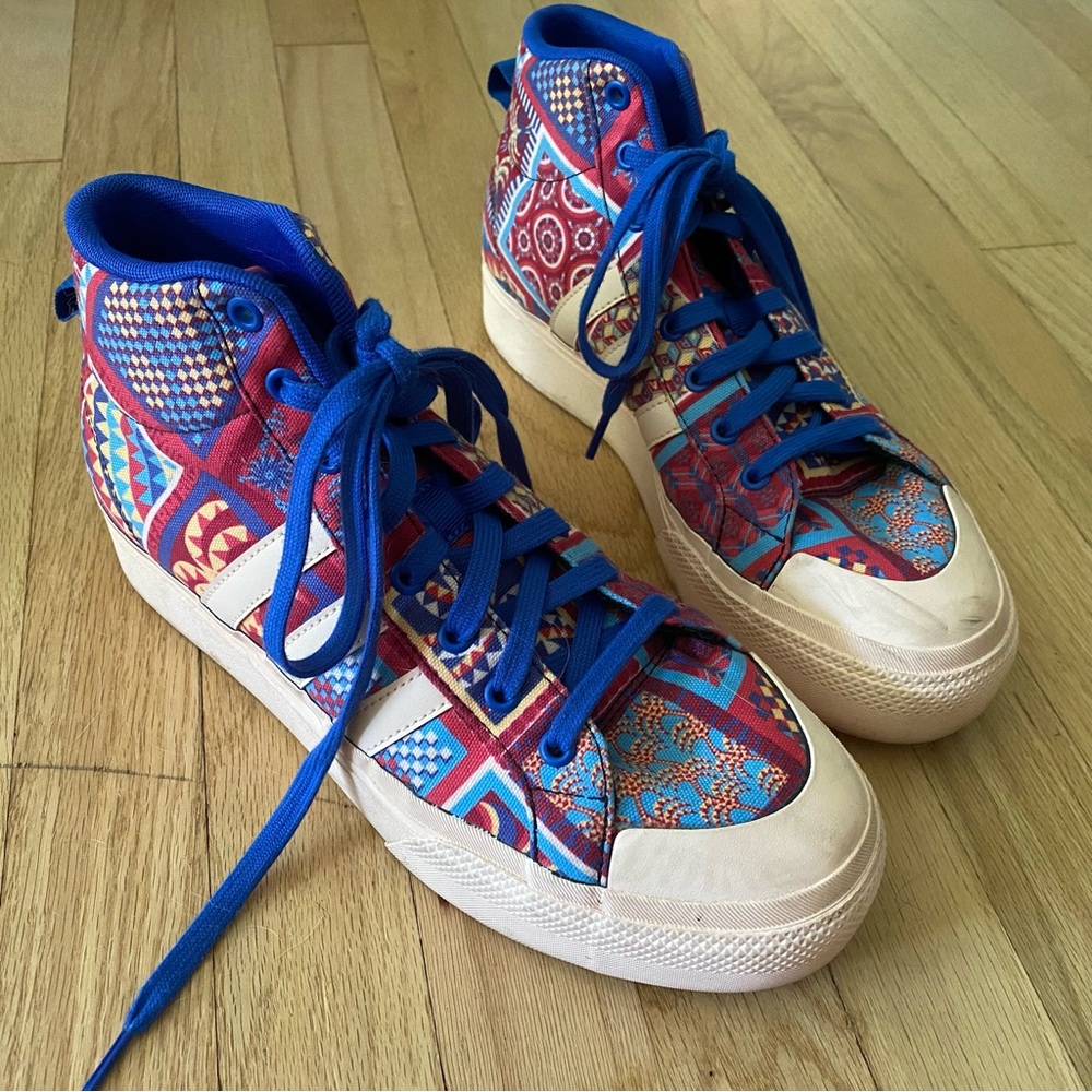 adidas Women's High-Top Sneakers in Blue, Red, White Pattern